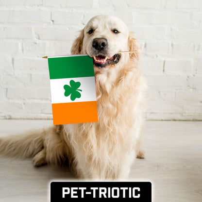 G128 50 Pack Handheld Ireland Shamrock Irish Stick Flags | 12x18 In | Printed 150D Polyester, Country Flag, Solid Wooden Stick, Spear Gold Tip