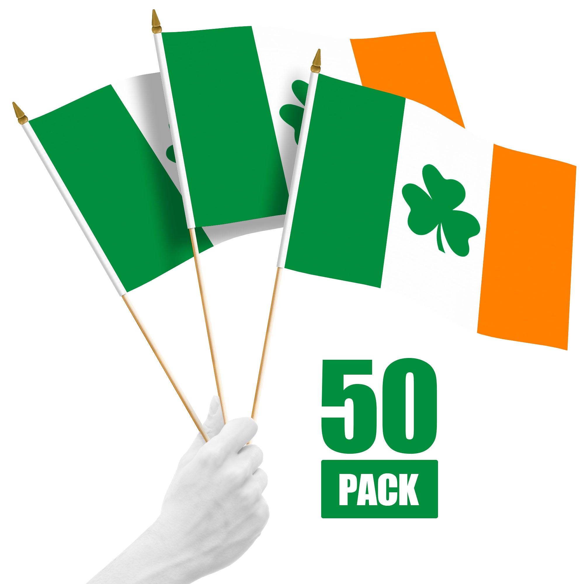 G128 50 Pack Handheld Ireland Shamrock Irish Stick Flags | 12x18 In | Printed 150D Polyester, Country Flag, Solid Wooden Stick, Spear Gold Tip