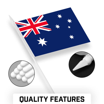G128 12 Pack Handheld Australia Australian Stick Flags | 4x6 In | Printed 150D Polyester, Country Flag, Solid Plastic Stick, Spear White Tip