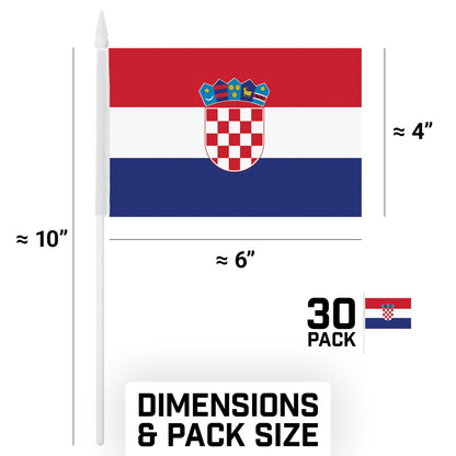 G128 30 Pack Handheld Croatia Croatian Stick Flags | 4x6 In | Printed 150D Polyester, Country Flag, Solid Plastic Stick, Spear White Tip