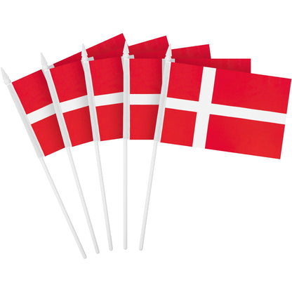 G128 12 Pack Handheld Denmark Danish Stick Flags | 4x6 In | Printed 150D Polyester, Country Flag, Solid Plastic Stick, Spear White Tip