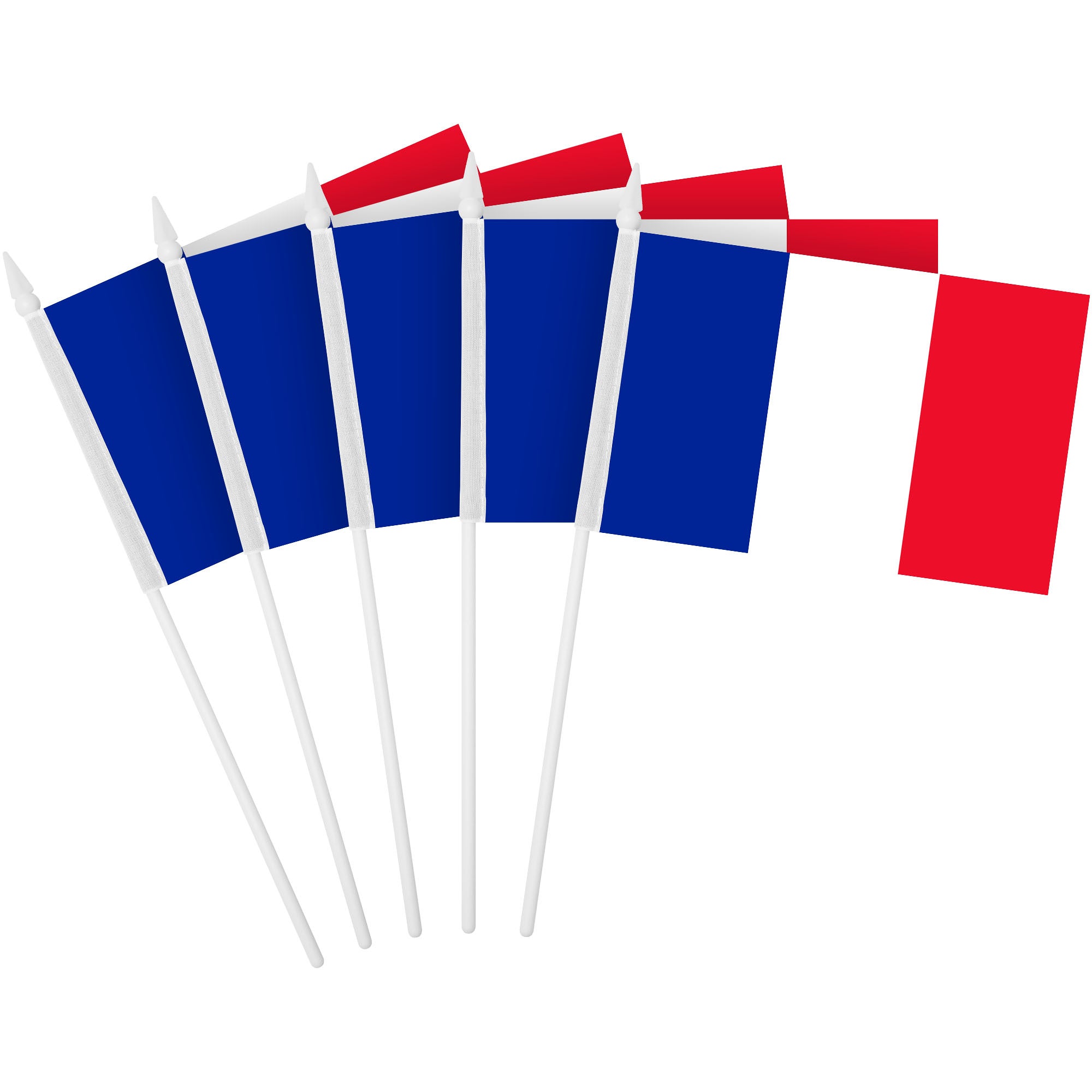 G128 30 Pack Handheld France French Stick Flags | 4x6 In | Printed 150D Polyester, Country Flag, Solid Plastic Stick, Spear White Tip