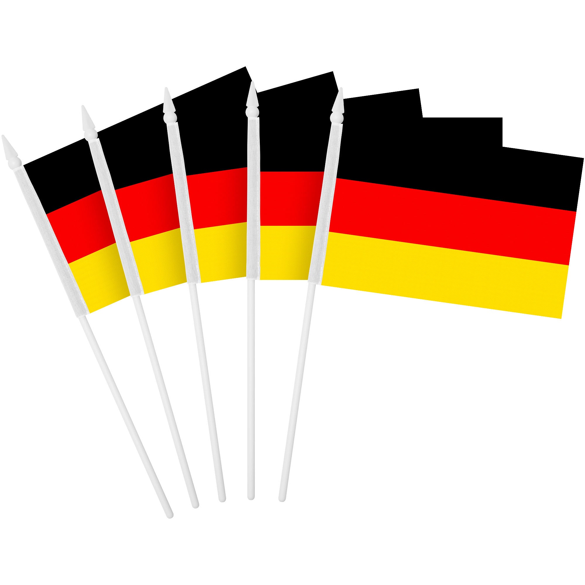 G128 30 Pack Handheld Germany German Stick Flags | 4x6 In | Printed 150D Polyester, Country Flag, Solid Plastic Stick, Spear White Tip