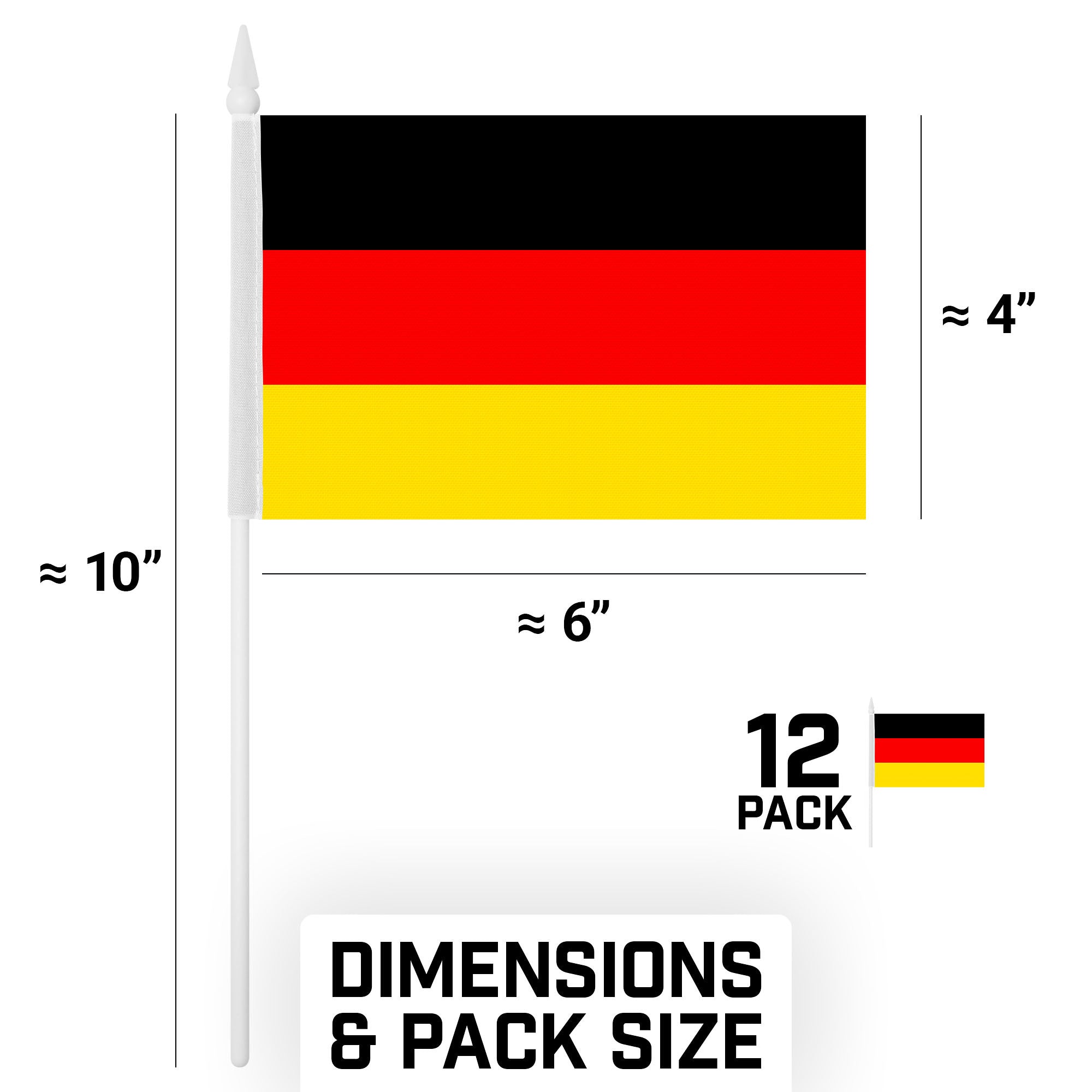 G128 12 Pack Handheld Germany German Stick Flags | 4x6 In | Printed 150D Polyester, Country Flag, Solid Plastic Stick, Spear White Tip