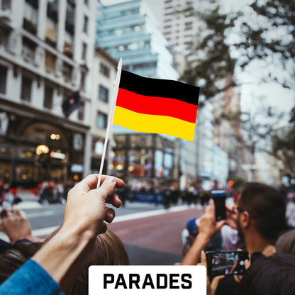 G128 12 Pack Handheld Germany German Stick Flags | 4x6 In | Printed 150D Polyester, Country Flag, Solid Plastic Stick, Spear White Tip