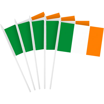 G128 12 Pack Handheld Ireland Irish Stick Flags | 4x6 In | Printed 150D Polyester, Country Flag, Solid Plastic Stick, Spear White Tip