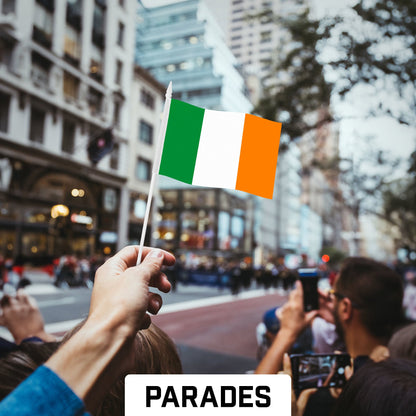 G128 50 Pack Handheld Ireland Irish Stick Flags | 4x6 In | Printed 150D Polyester, Country Flag, Solid Plastic Stick, Spear White Tip