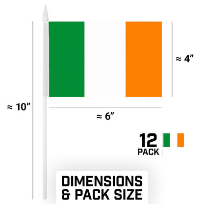 G128 12 Pack Handheld Ireland Irish Stick Flags | 4x6 In | Printed 150D Polyester, Country Flag, Solid Plastic Stick, Spear White Tip
