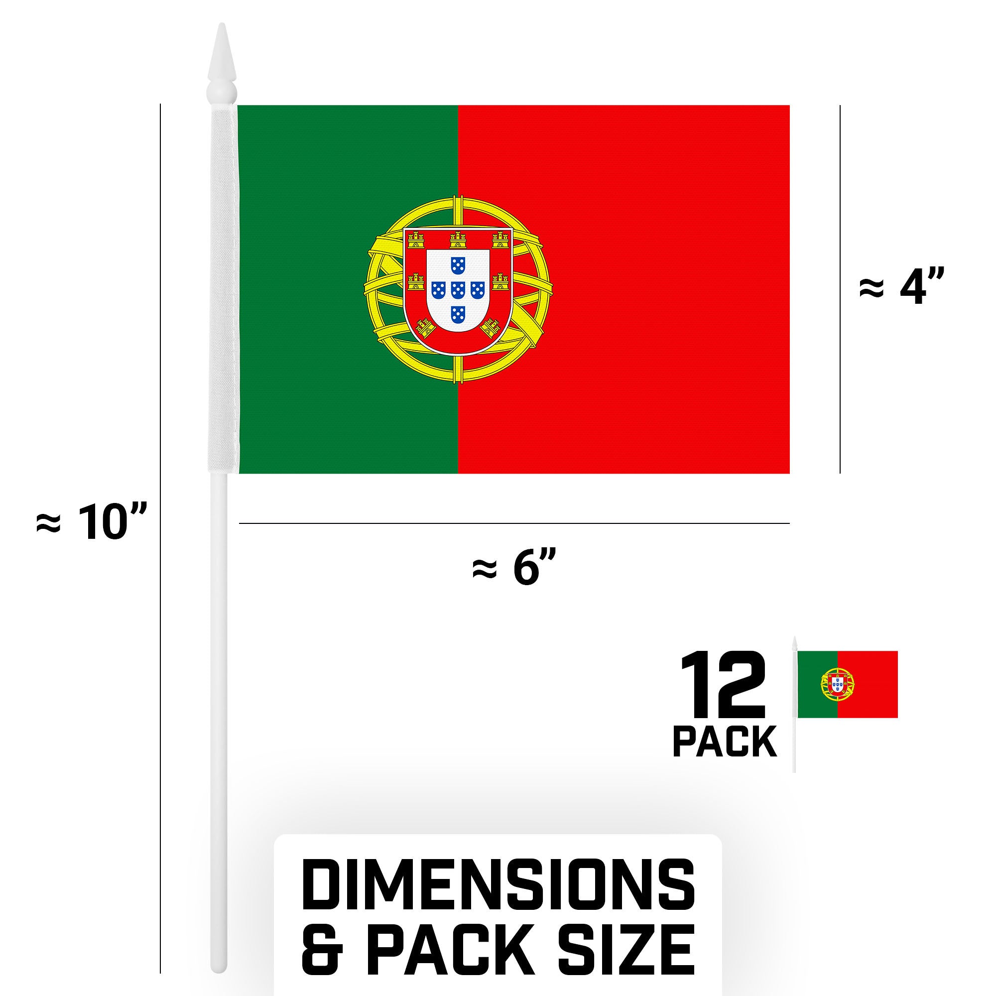 G128 12 Pack Handheld Portugal Portuguese Stick Flags | 4x6 In | Printed 150D Polyester, Country Flag, Solid Plastic Stick, Spear White Tip