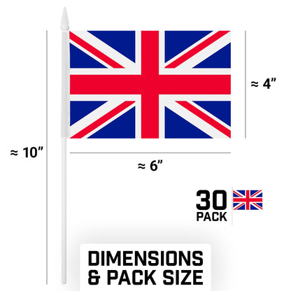 G128 30 Pack Handheld United Kingdom UK Stick Flags | 4x6 In | Printed 150D Polyester, Country Flag, Solid Plastic Stick, Spear White Tip