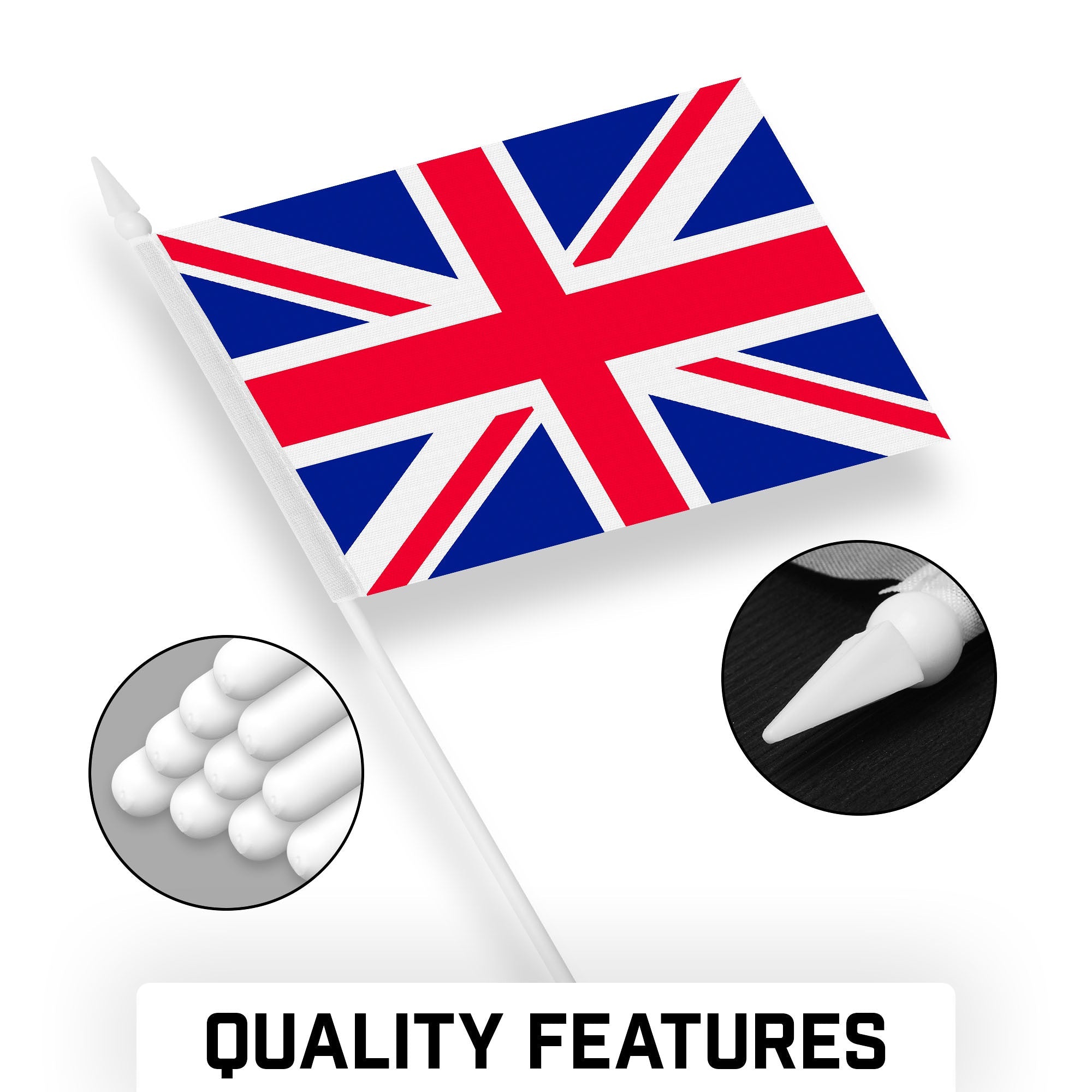 G128 50 Pack Handheld United Kingdom UK Stick Flags | 4x6 In | Printed 150D Polyester, Country Flag, Solid Plastic Stick, Spear White Tip