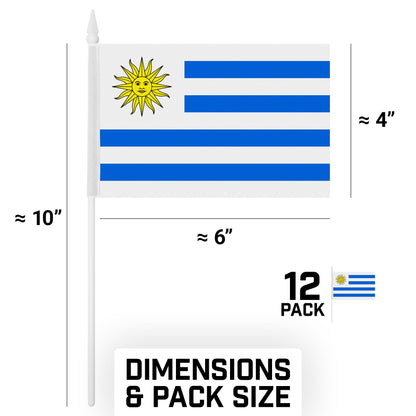 G128 12 Pack Handheld Uruguay Uruguayan Stick Flags | 4x6 In | Printed 150D Polyester, Country Flag, Solid Plastic Stick, Spear White Tip