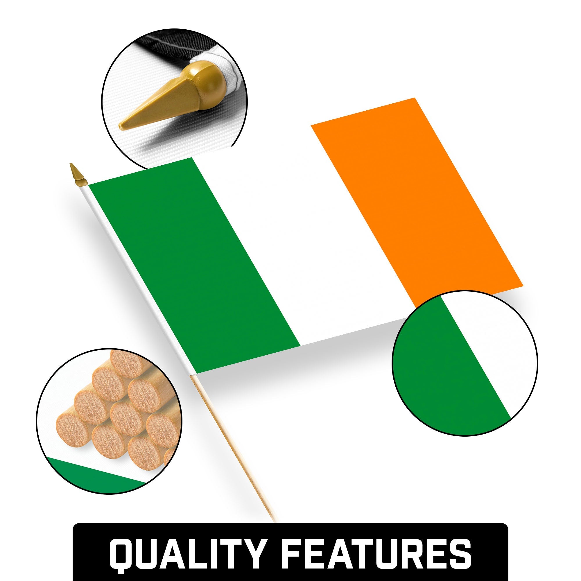 G128 24 Pack Handheld Ireland Irish Stick Flags | 12x18 In | Printed 150D Polyester, Country Flag, Solid Wooden Stick, Spear Gold Tip