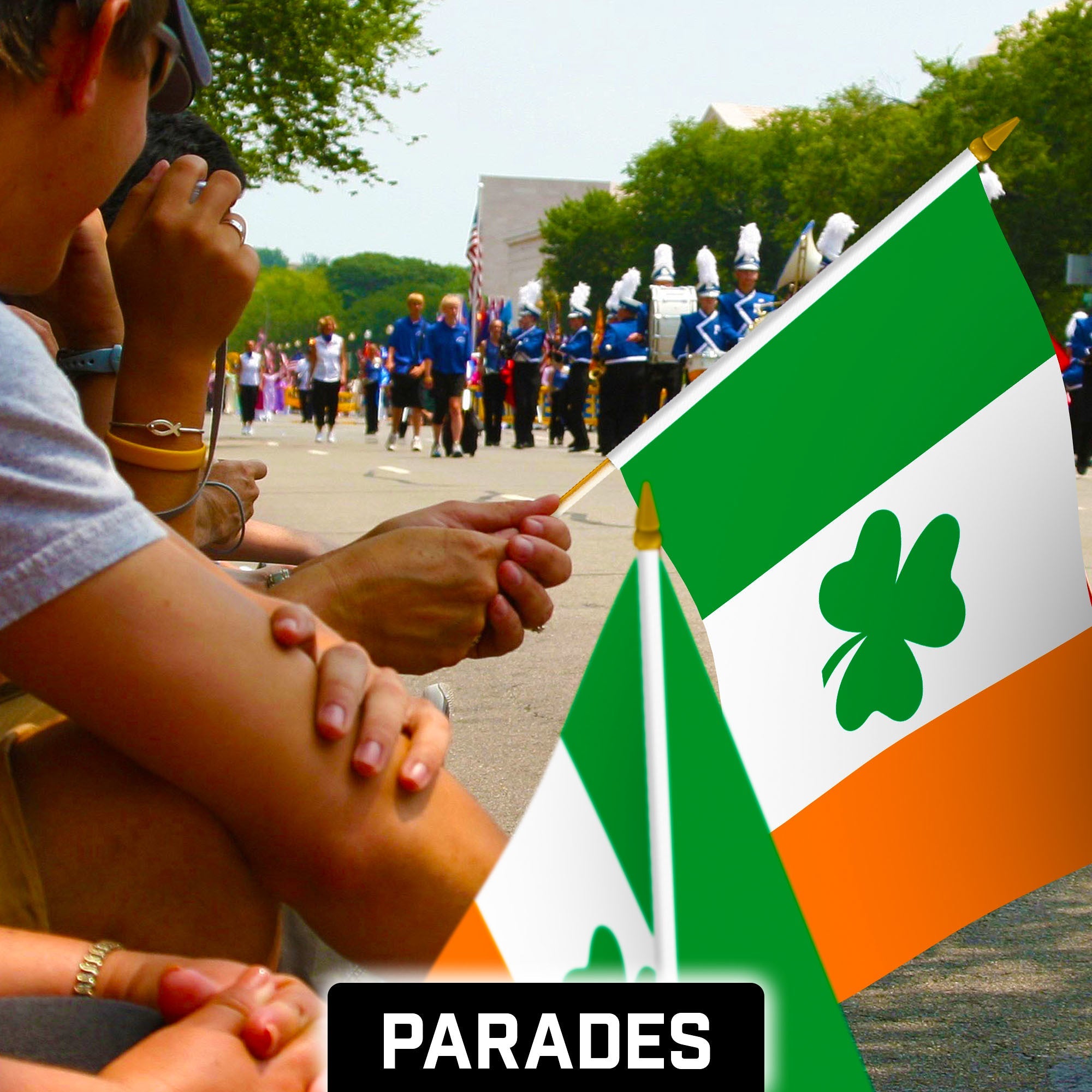 G128 12 Pack Handheld Ireland Shamrock Irish Stick Flags | 12x18 In | Printed 150D Polyester, Country Flag, Solid Wooden Stick, Spear Gold Tip