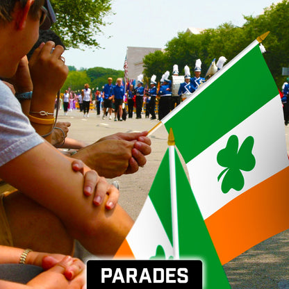 G128 50 Pack Handheld Ireland Shamrock Irish Stick Flags | 12x18 In | Printed 150D Polyester, Country Flag, Solid Wooden Stick, Spear Gold Tip