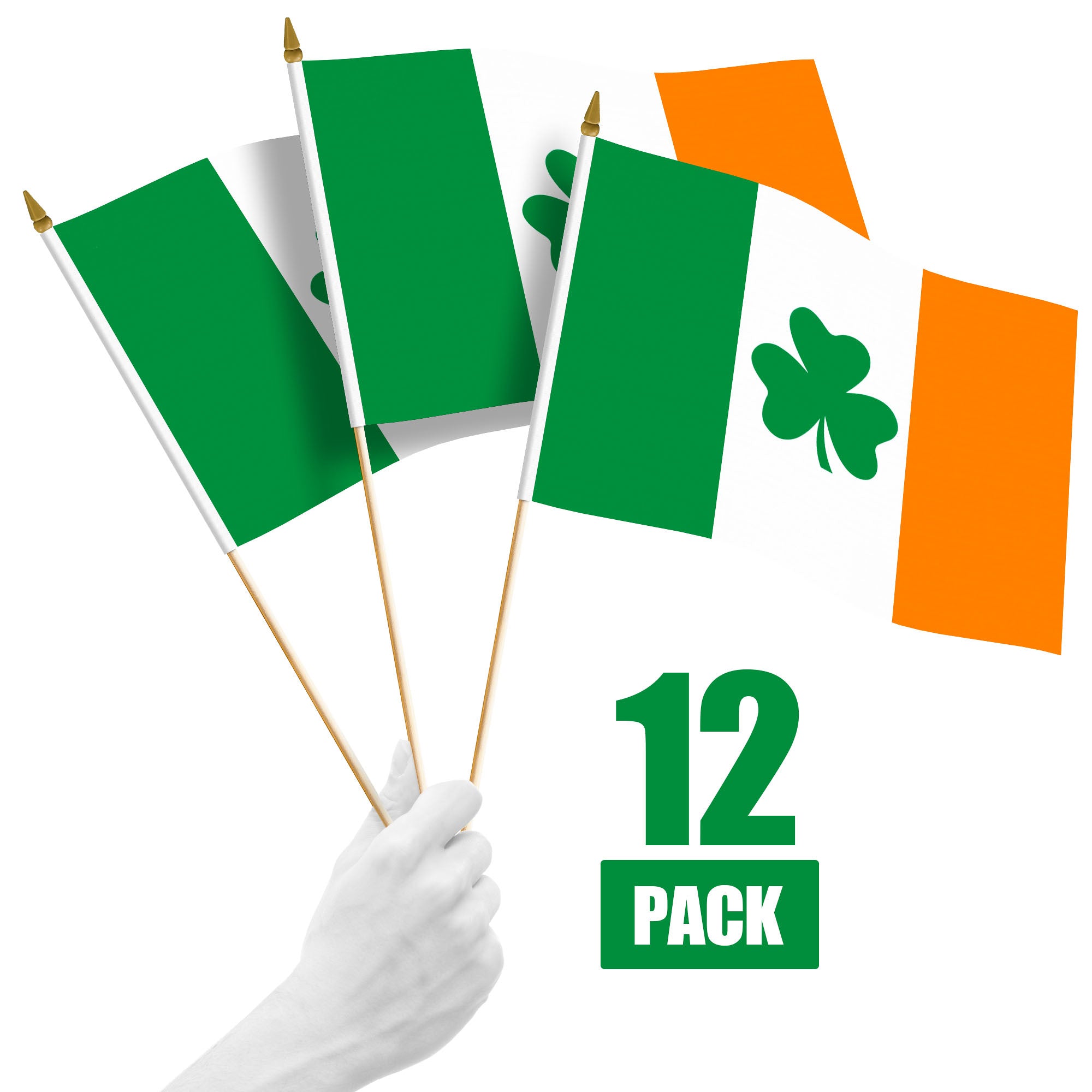 G128 12 Pack Handheld Ireland Shamrock Irish Stick Flags | 12x18 In | Printed 150D Polyester, Country Flag, Solid Wooden Stick, Spear Gold Tip