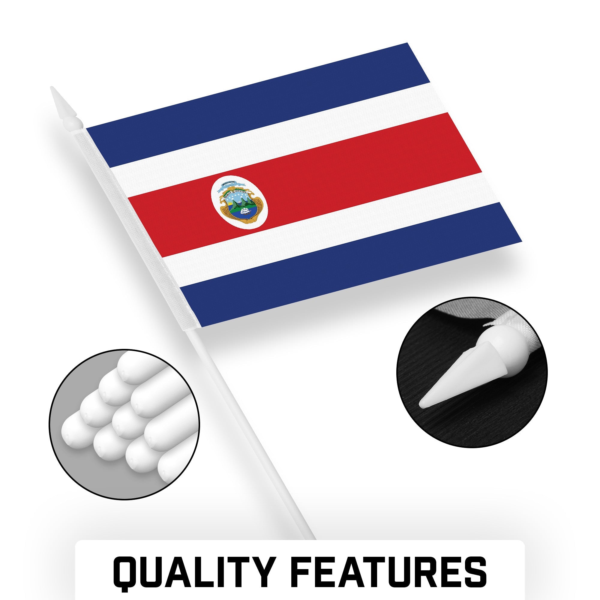 G128 50 Pack Handheld Costa Rica Costa Rican Stick Flags | 4x6 In | Printed 150D Polyester, Country Flag, Solid Plastic Stick, Spear White Tip