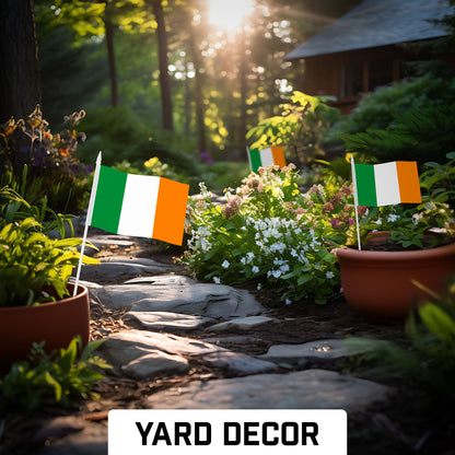 G128 12 Pack Handheld Ireland Irish Stick Flags | 4x6 In | Printed 150D Polyester, Country Flag, Solid Plastic Stick, Spear White Tip