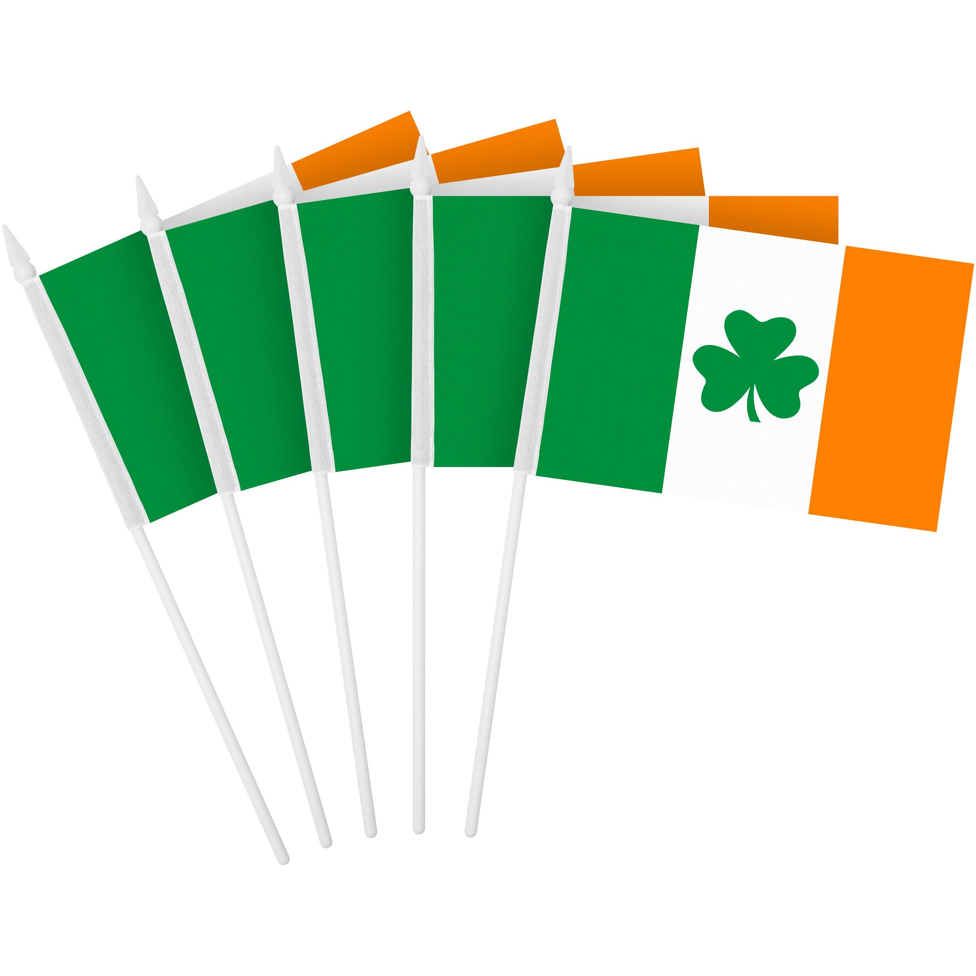 G128 30 Pack Handheld Ireland Shamrock Irish Stick Flags | 4x6 In | Printed 150D Polyester, Country Flag, Solid Plastic Stick, Spear White Tip