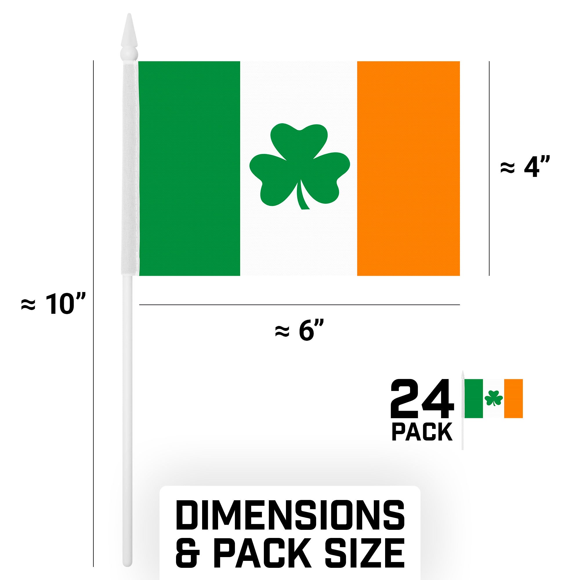 G128 24 Pack Handheld Ireland Shamrock Irish Stick Flags | 4x6 In | Printed 150D Polyester, Country Flag, Solid Plastic Stick, Spear White Tip