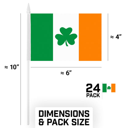 G128 24 Pack Handheld Ireland Shamrock Irish Stick Flags | 4x6 In | Printed 150D Polyester, Country Flag, Solid Plastic Stick, Spear White Tip