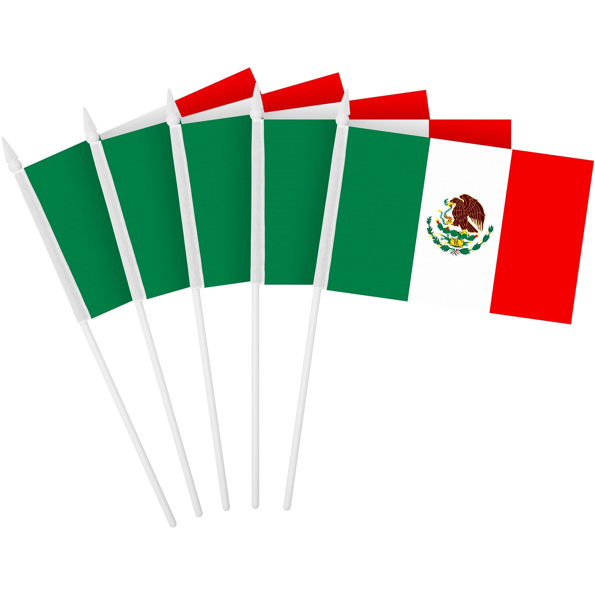 G128 50 Pack Handheld Mexico Mexican Stick Flags | 4x6 In | Printed 150D Polyester, Country Flag, Solid Plastic Stick, Spear White Tip