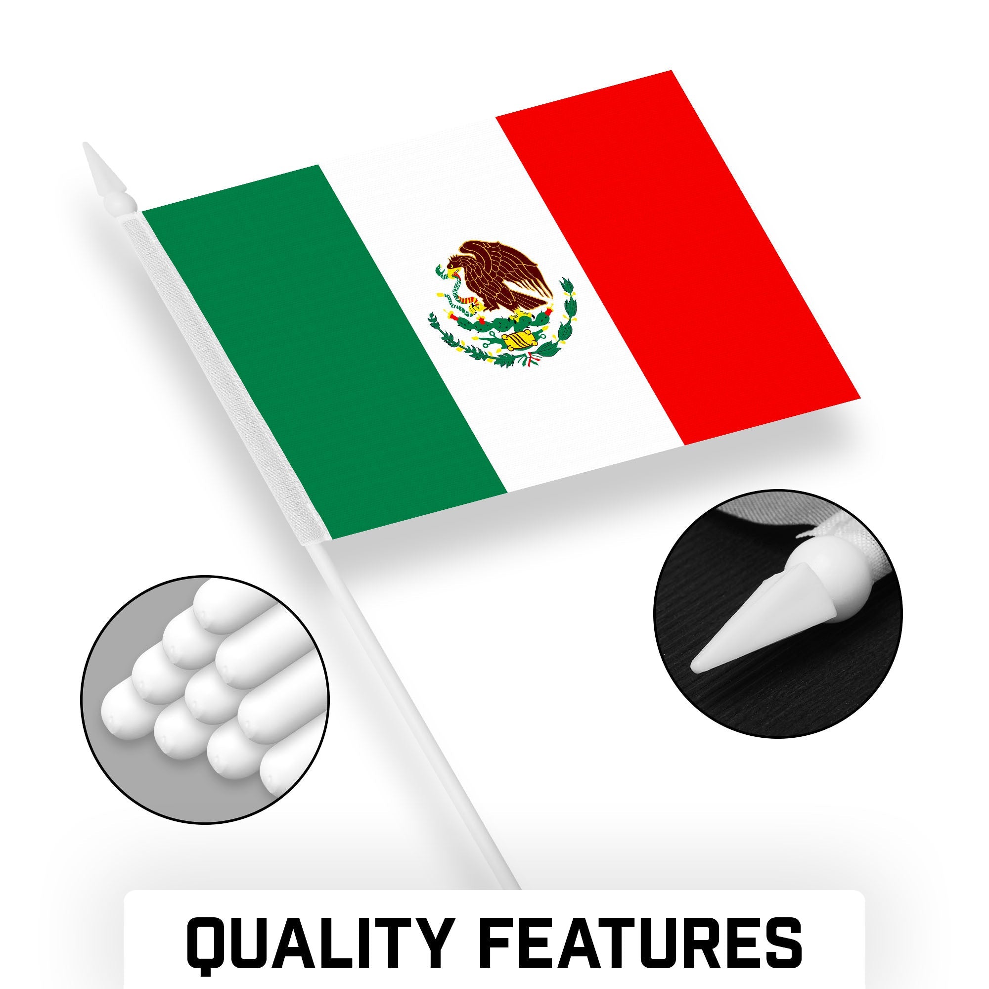 G128 12 Pack Handheld Mexico Mexican Stick Flags | 4x6 In | Printed 150D Polyester, Country Flag, Solid Plastic Stick, Spear White Tip
