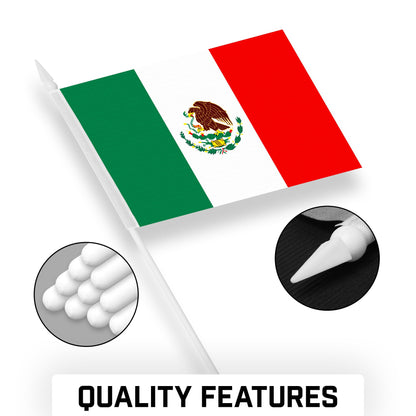 G128 12 Pack Handheld Mexico Mexican Stick Flags | 4x6 In | Printed 150D Polyester, Country Flag, Solid Plastic Stick, Spear White Tip