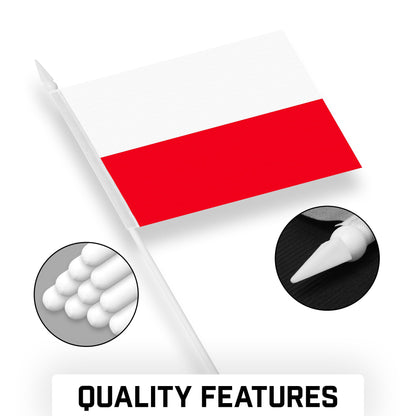 G128 24 Pack Handheld Poland Polish Stick Flags | 4x6 In | Printed 150D Polyester, Country Flag, Solid Plastic Stick, Spear White Tip