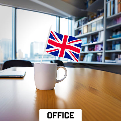 G128 12 Pack Handheld United Kingdom UK Stick Flags | 4x6 In | Printed 150D Polyester, Country Flag, Solid Plastic Stick, Spear White Tip