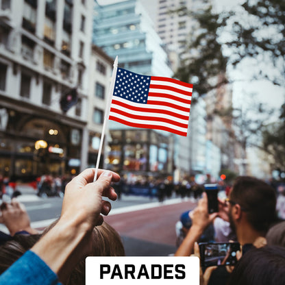 G128 30 Pack Handheld American USA Stick Flags | 4x6 In | Printed 150D Polyester, Counrty Flag, Solid Plastic Stick, Spear White Tip, Great for Patriotic Decorations