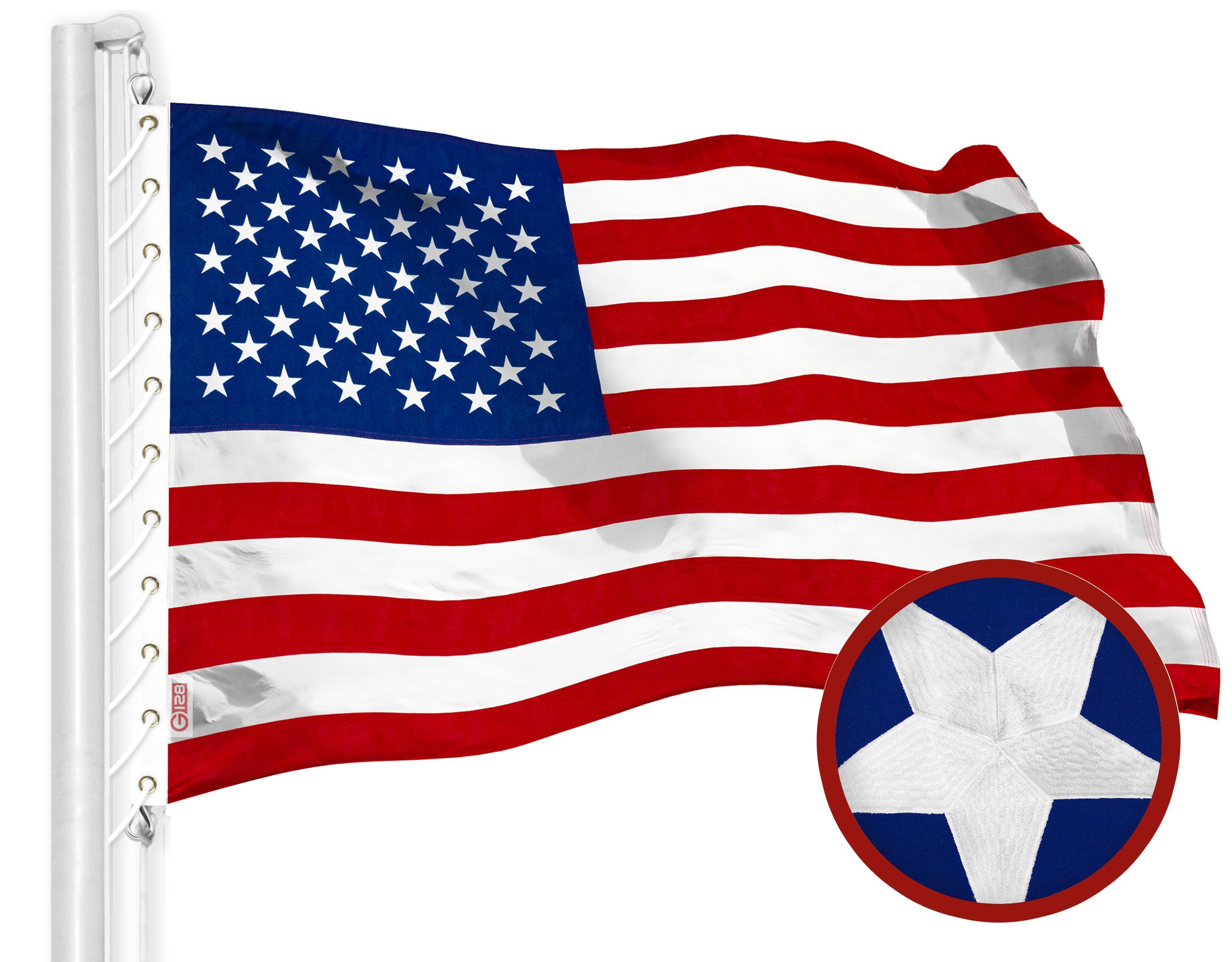 G128 American USA Flag | 30x50 Ft | StormFlyer Series Embroidered 220GSM Spun Polyester | Country Flag, Embroidered Stars, Sewn Stripes, Indoor/Outdoor, Brass Grommets, Heavy Duty, All Weather