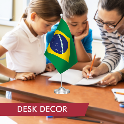 G128 Brazil Brazilian Deluxe Desk Flag Set | 8.5x5.5 In | Printed 300D Polyester, with Silver Dome and Base, 15" Metal Pole, Decorations For Office, Home and Festival Events Celebration