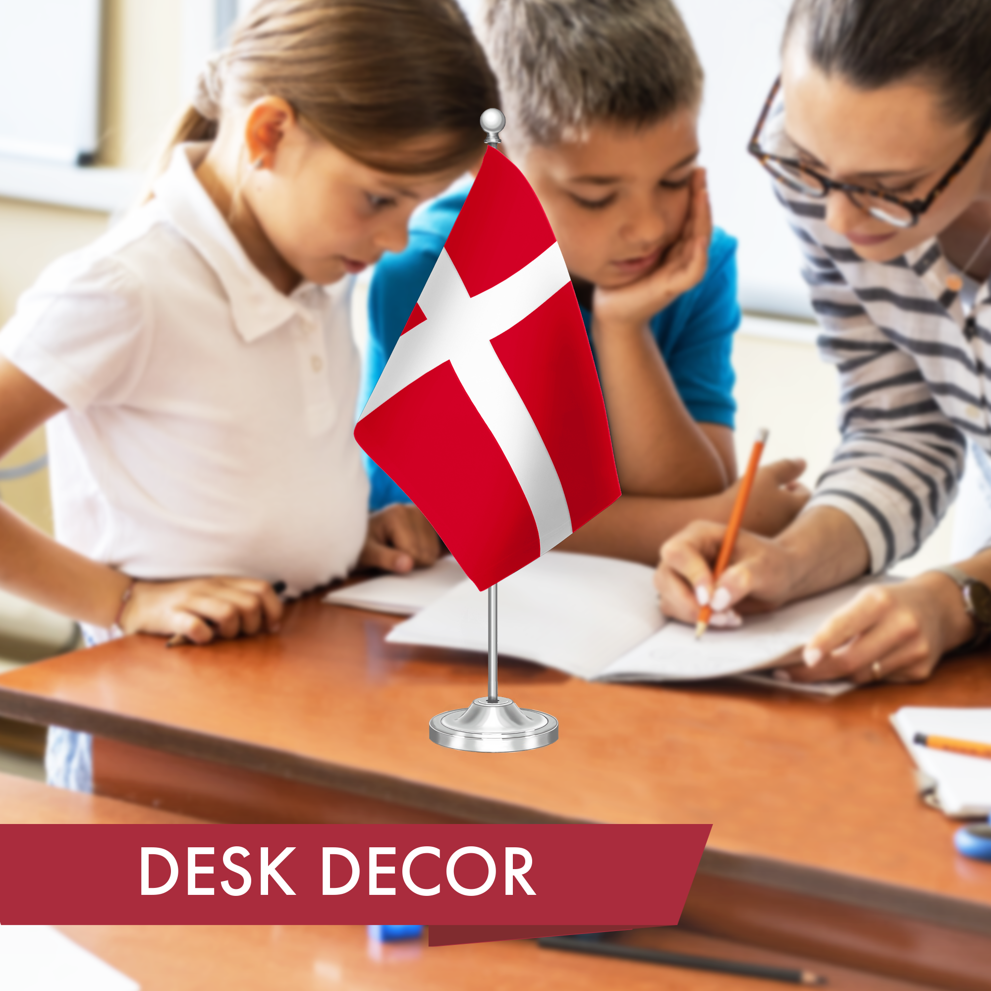 G128 Denmark Danish Deluxe Desk Flag Set | 8.5x5.5 In | Printed 300D Polyester, with Silver Dome and Base, 15" Metal Pole, Decorations For Office, Home and Festival Events Celebration