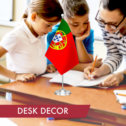 G128 Portugal Portuguese Deluxe Desk Flag Set | 8.5x5.5 In | Printed 300D Polyester, with Silver Dome and Base, 15" Metal Pole, Decorations For Office, Home and Festival Events Celebration