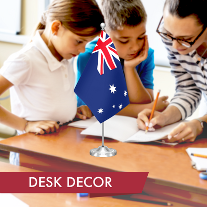 G128 Australia Australian Deluxe Desk Flag Set | 8.5x5.5 In | Printed 300D Polyester, with Silver Dome and Base, 15" Metal Pole, Decorations For Office, Home and Festival Events Celebration