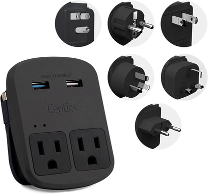World-Way 6 Travel Adapter Kit | 2 USB + 2 US Outlets - Grounded (WPS-2B)