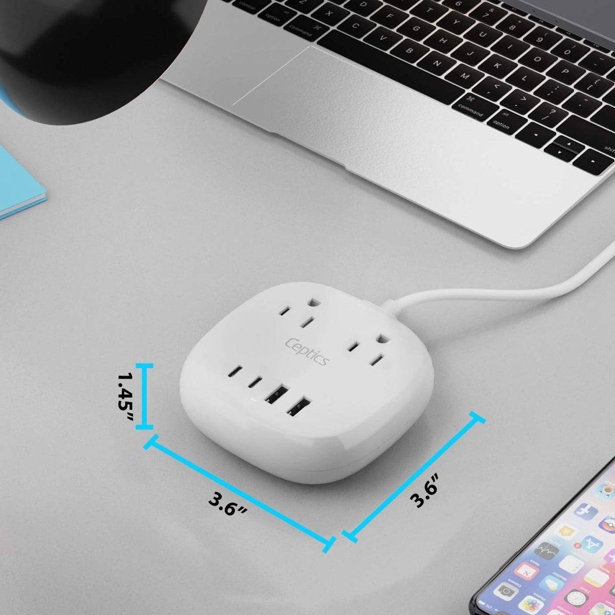 65W USB Power Strip with Dual USB + USB-C, 2 USA Input - Surge Protection (PS-2B4U-65W)