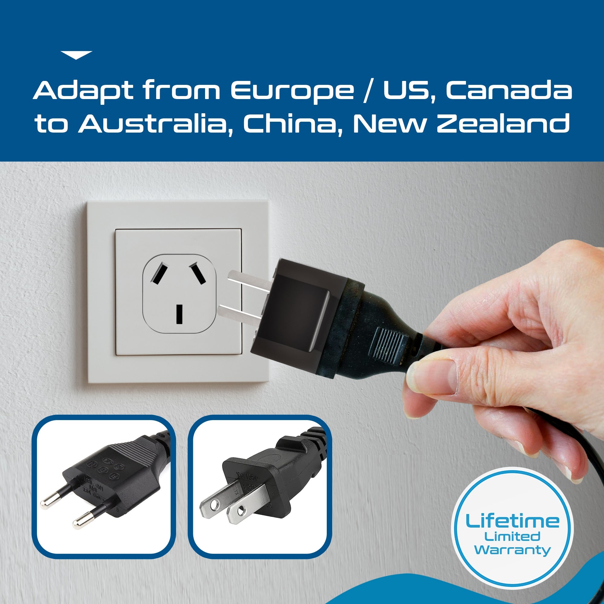 USA to Australia/China Plug Adapter - Non-Grounded (UP-6AU-12AU)