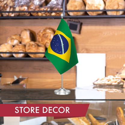 G128 Brazil Brazilian Deluxe Desk Flag Set | 8.5x5.5 In | Printed 300D Polyester, with Silver Dome and Base, 15" Metal Pole, Decorations For Office, Home and Festival Events Celebration
