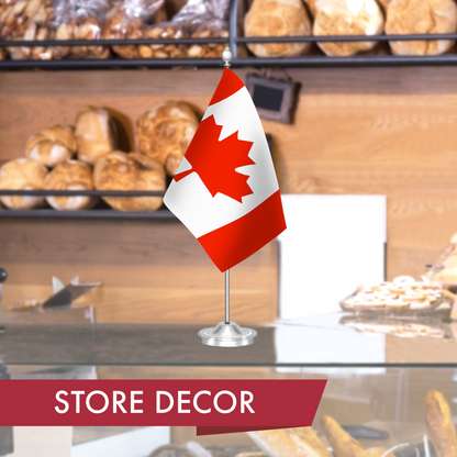 G128 Canada Canadian Deluxe Desk Flag Set | 8.5x5.5 In | Printed 300D Polyester, with Silver Dome and Base, 15" Metal Pole, Decorations For Office, Home and Festival Events Celebration
