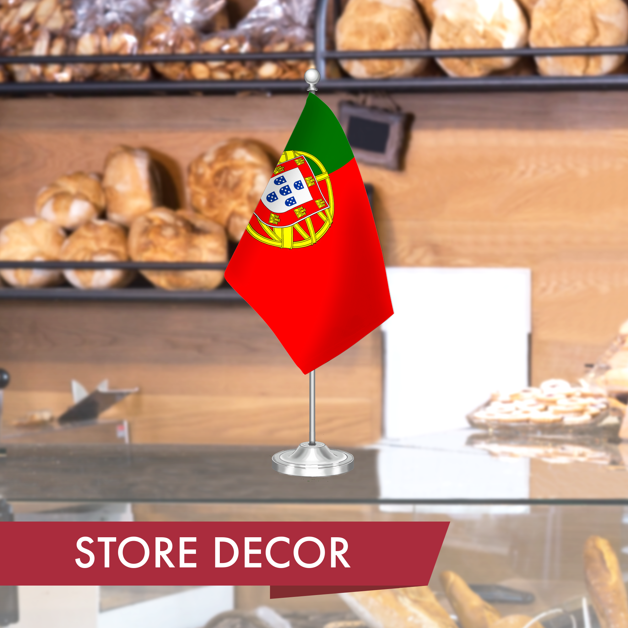 G128 Portugal Portuguese Deluxe Desk Flag Set | 8.5x5.5 In | Printed 300D Polyester, with Silver Dome and Base, 15" Metal Pole, Decorations For Office, Home and Festival Events Celebration