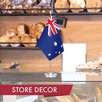 G128 Australia Australian Deluxe Desk Flag Set | 8.5x5.5 In | Printed 300D Polyester, with Silver Dome and Base, 15" Metal Pole, Decorations For Office, Home and Festival Events Celebration