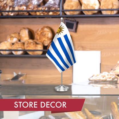 G128 Uruguay 	Uruguayan Deluxe Desk Flag Set | 8.5x5.5 In | Printed 300D Polyester, with Silver Dome and Base, 15" Metal Pole, Decorations For Office, Home and Festival Events Celebration