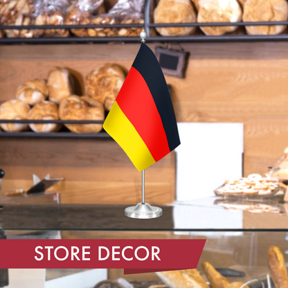 G128 Germany German Deluxe Desk Flag Set | 8.5x5.5 In | Printed 300D Polyester, with Silver Dome and Base, 15" Metal Pole, Decorations For Office, Home and Festival Events Celebration