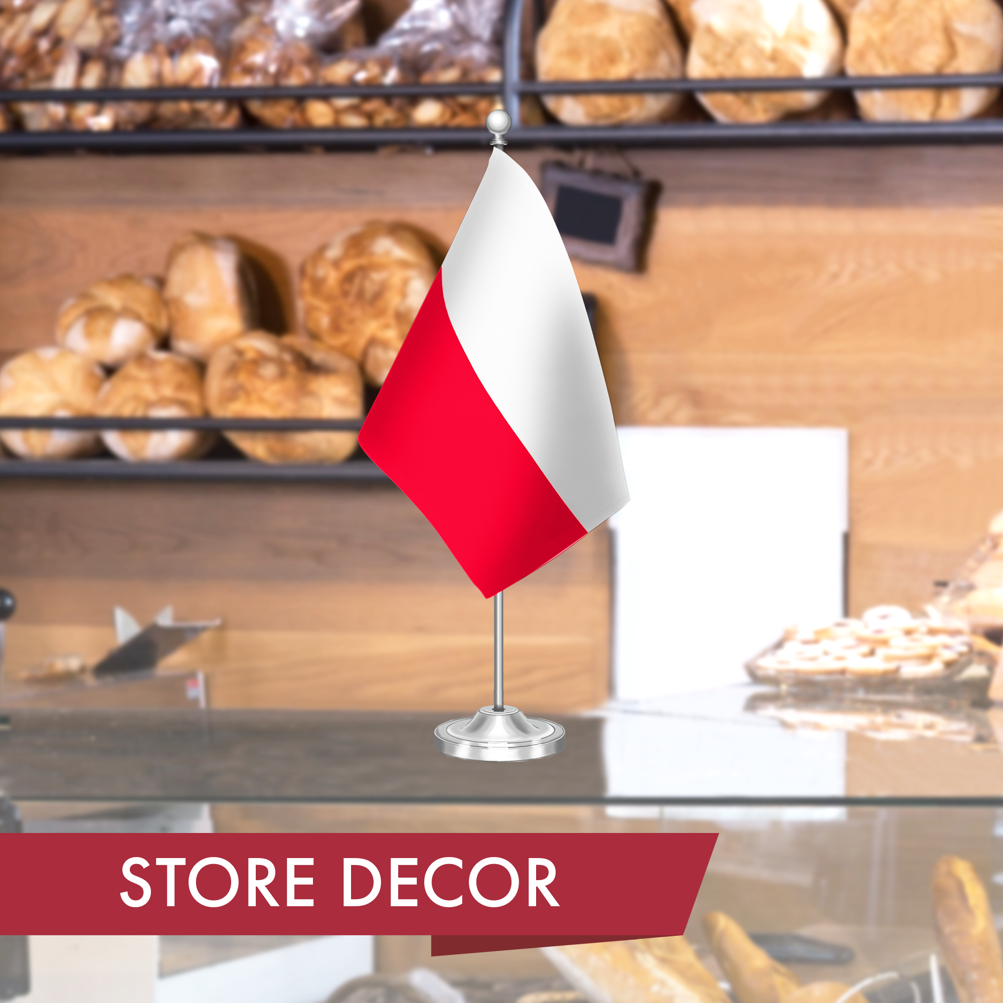 G128 Poland Polish Deluxe Desk Flag Set | 8.5x5.5 In | Printed 300D Polyester, with Silver Dome and Base, 15" Metal Pole, Decorations For Office, Home and Festival Events Celebration