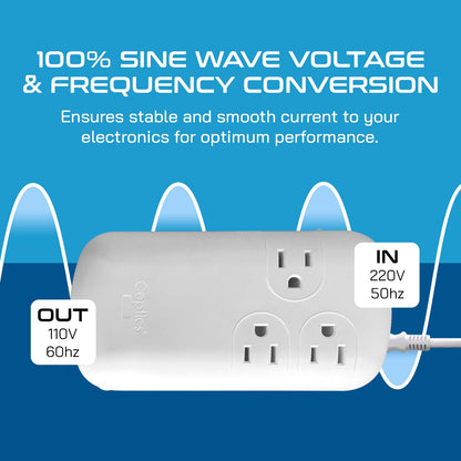 300W Step Down Converter – 3x USA Outlets & 1 USB-A + 1 USB-C PD 18W – AC 220-240V 50Hz to 110-120V 60Hz Travel Voltage & Frequency Converter - (PU-300-WS)