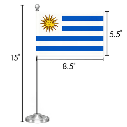 G128 Uruguay 	Uruguayan Deluxe Desk Flag Set | 8.5x5.5 In | Printed 300D Polyester, with Silver Dome and Base, 15" Metal Pole, Decorations For Office, Home and Festival Events Celebration
