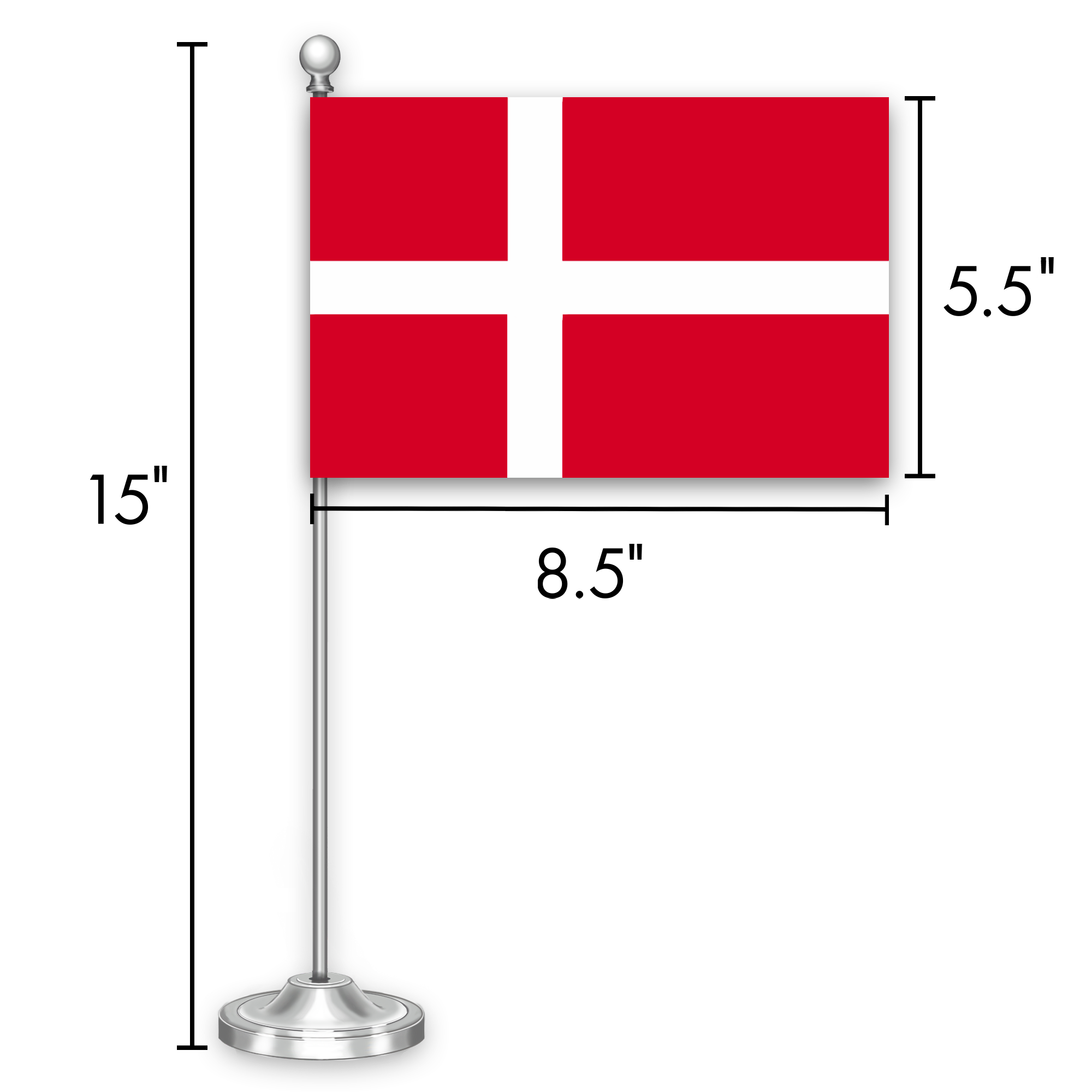 G128 Denmark Danish Deluxe Desk Flag Set | 8.5x5.5 In | Printed 300D Polyester, with Silver Dome and Base, 15" Metal Pole, Decorations For Office, Home and Festival Events Celebration