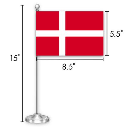 G128 Denmark Danish Deluxe Desk Flag Set | 8.5x5.5 In | Printed 300D Polyester, with Silver Dome and Base, 15" Metal Pole, Decorations For Office, Home and Festival Events Celebration